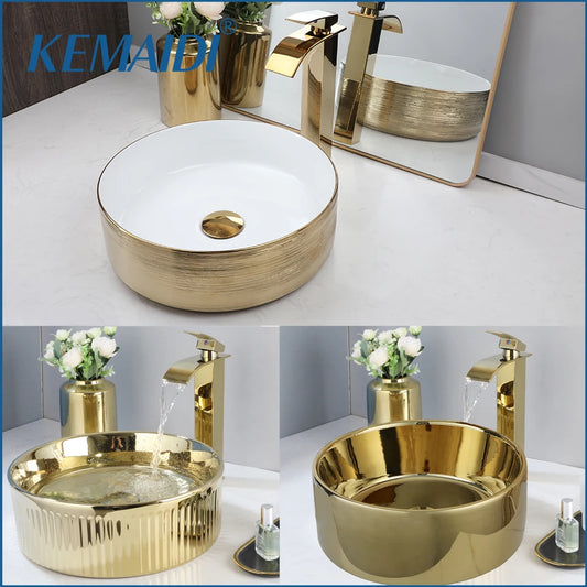 14.6'' Gold Round Ceramic Vessel Sink With Faucet