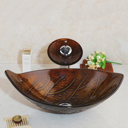 Art Bathroom Basin Faucet Sets Leaf Tempered Glass