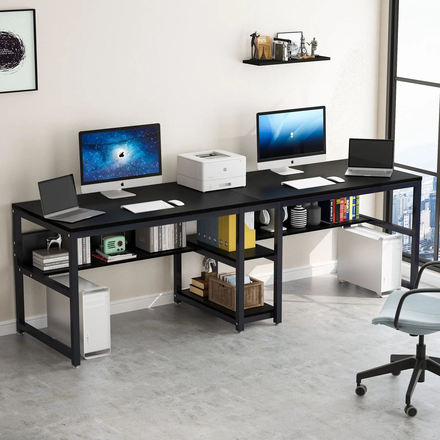 Two Person Desk with Bookshelf