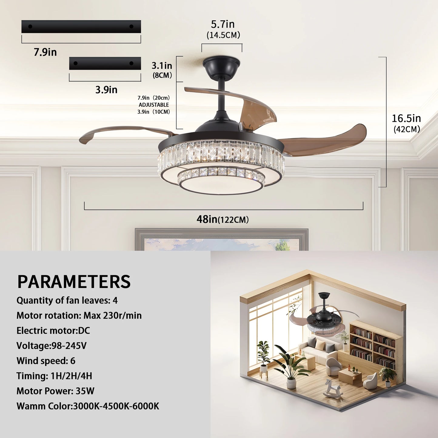 ARLGSITE Luxurious Crystal Ceiling Fan Light