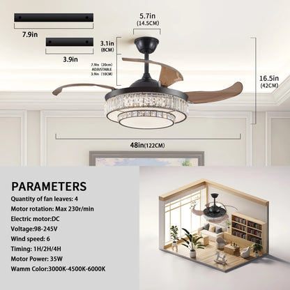 ARLGSITE Luxurious Crystal Ceiling Fan Light