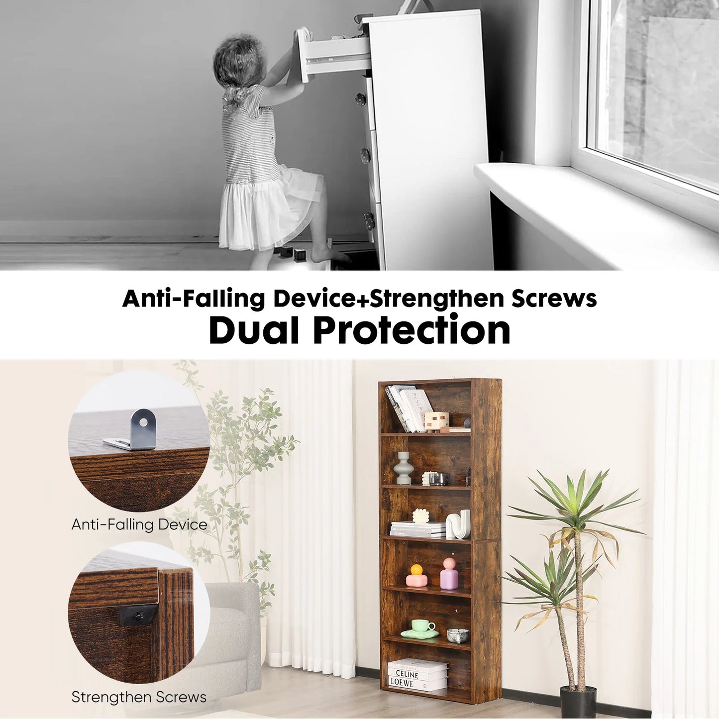 6 Tier Wooden Shelf Bookcase 63 Inch Tall