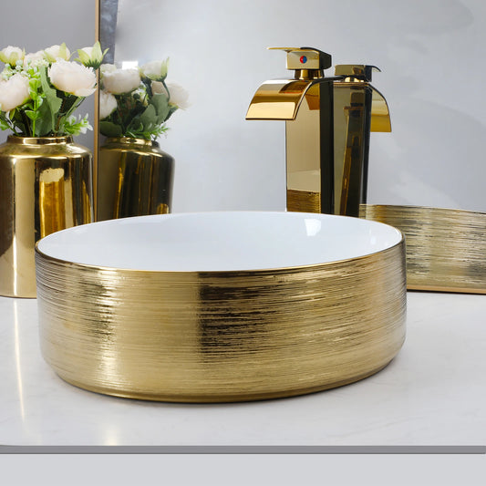 14.6'' Gold Round Ceramic Vessel Sink With Faucet