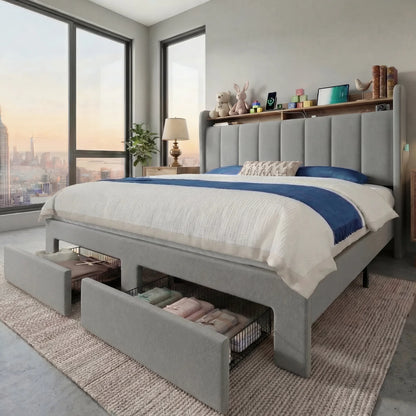 Bed Frame, 2 Storage Drawers Shelves