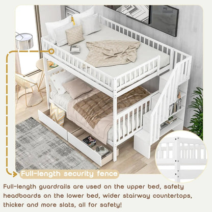 Full Wood Bunk Bed With Drawers Stairs Shelves