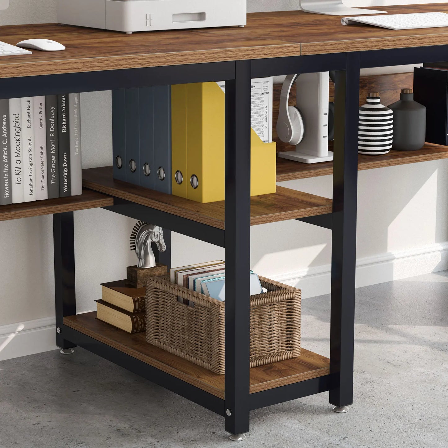 Two Person Desk with Bookshelf